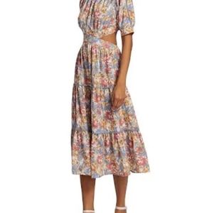 En Saison soleil blue & tan floral print cut out waist tiered midi dress sz M&L